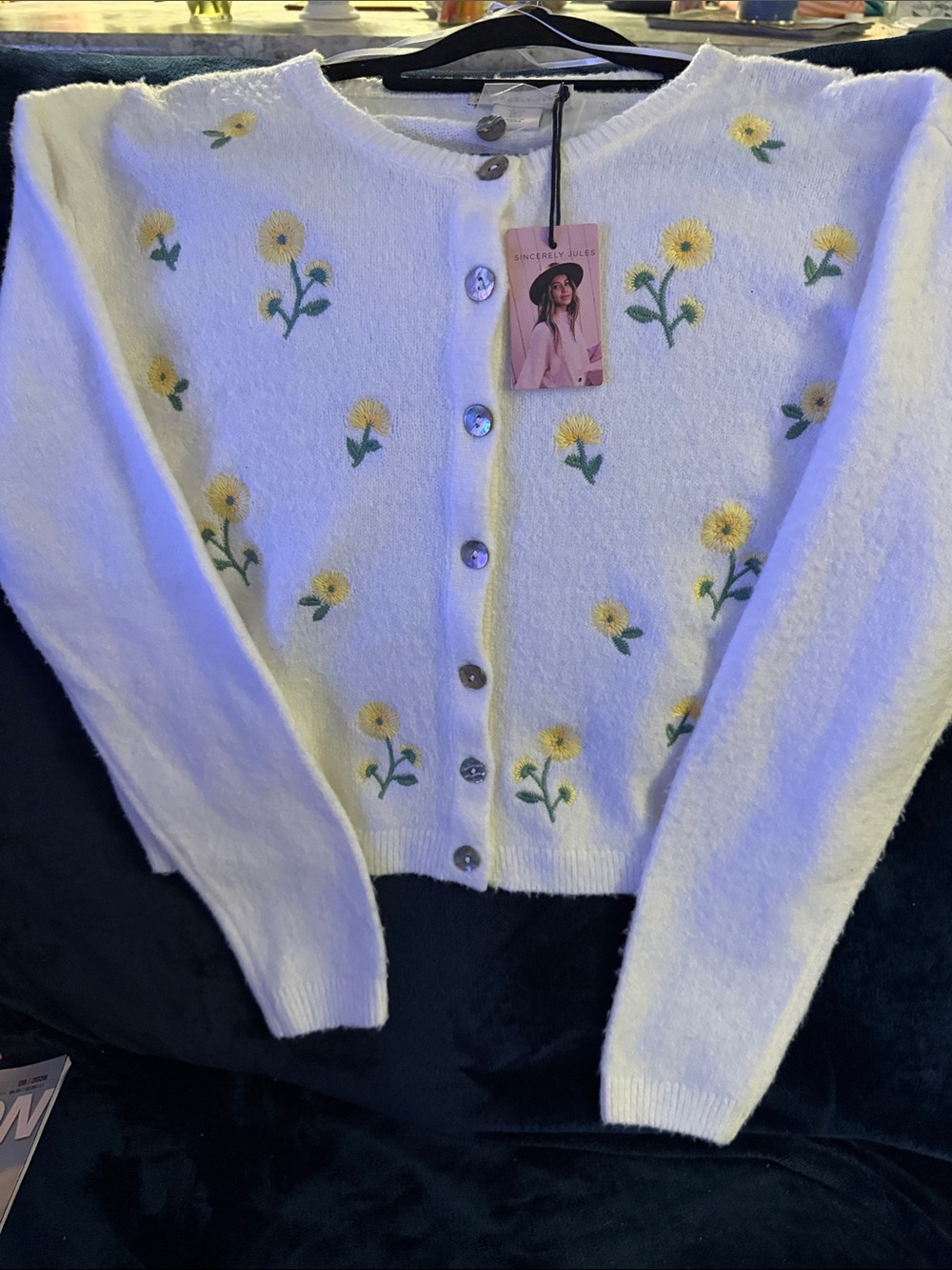 Sincerly Jules White Cardigan with Yellow Floral Embroidery